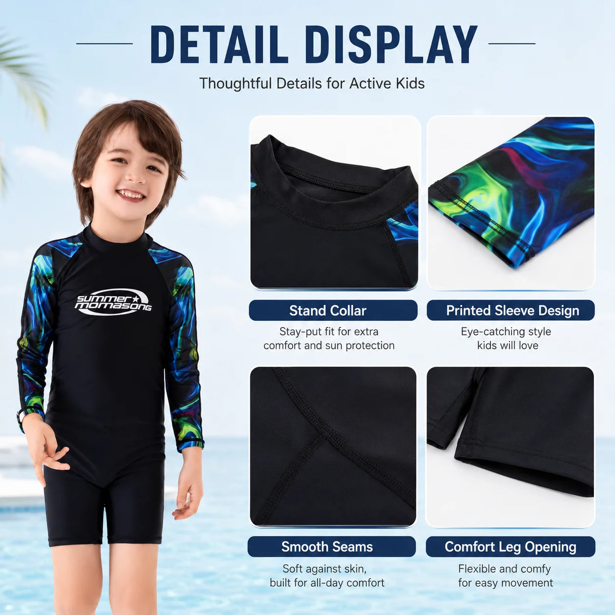 Boys Zip-Up Rash Guard Shorts Set – Sea Shell view 2