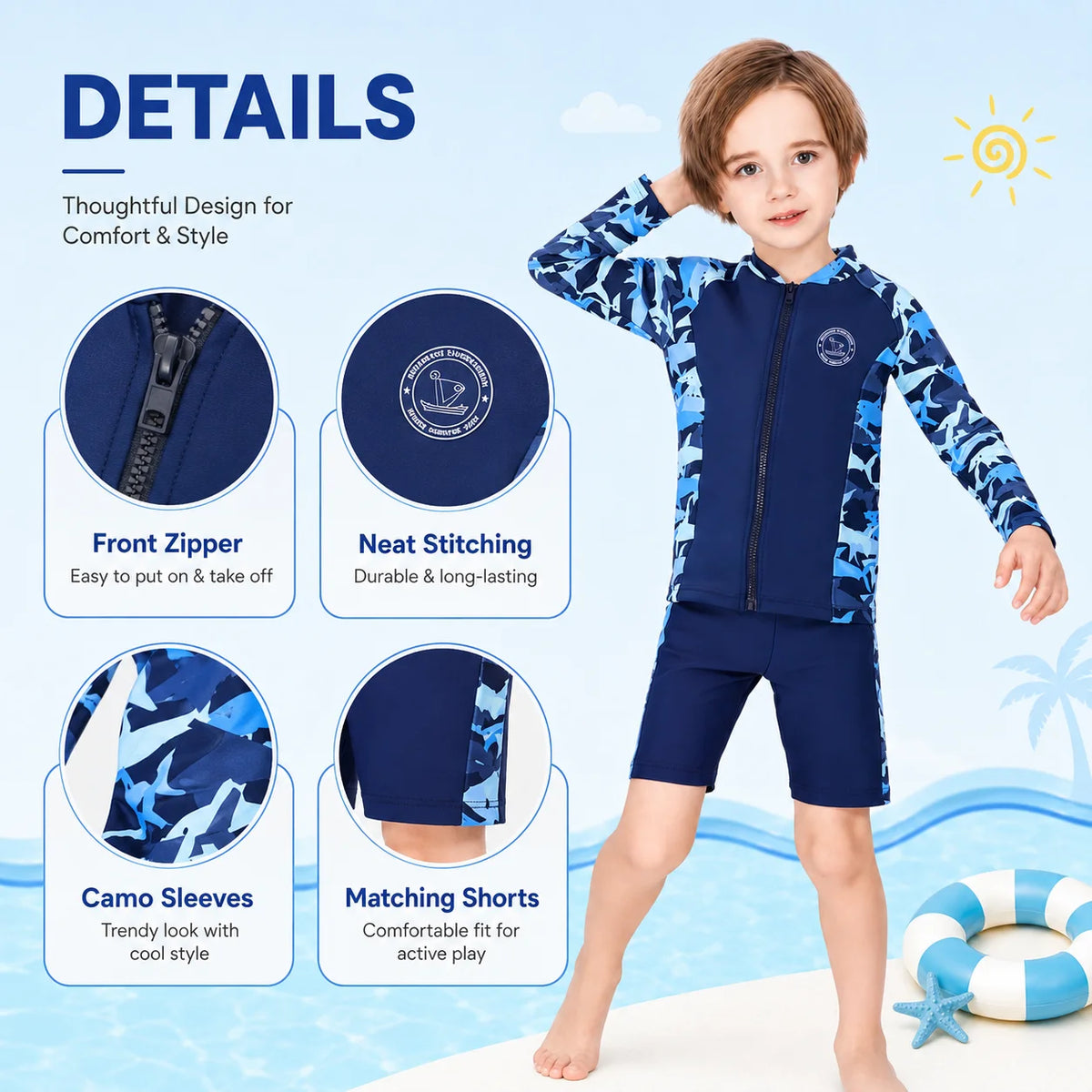 Boys Zip-Up Rash Guard Shorts Set – Coral Garden view 3