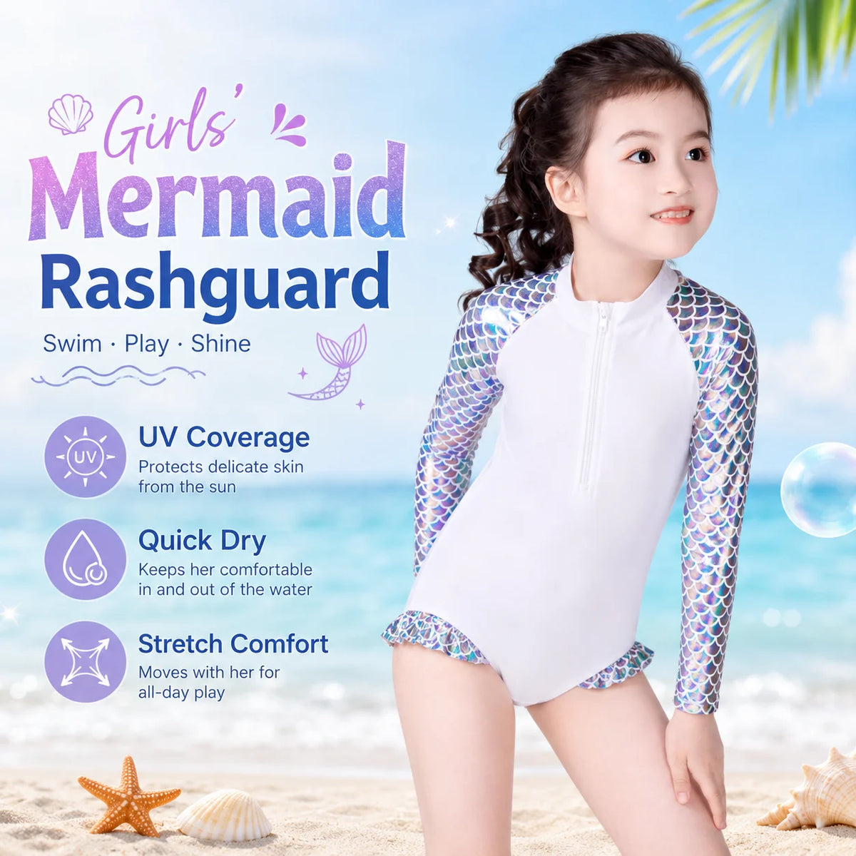 Girls Long Sleeve Rash Guard Set – Sea Shell