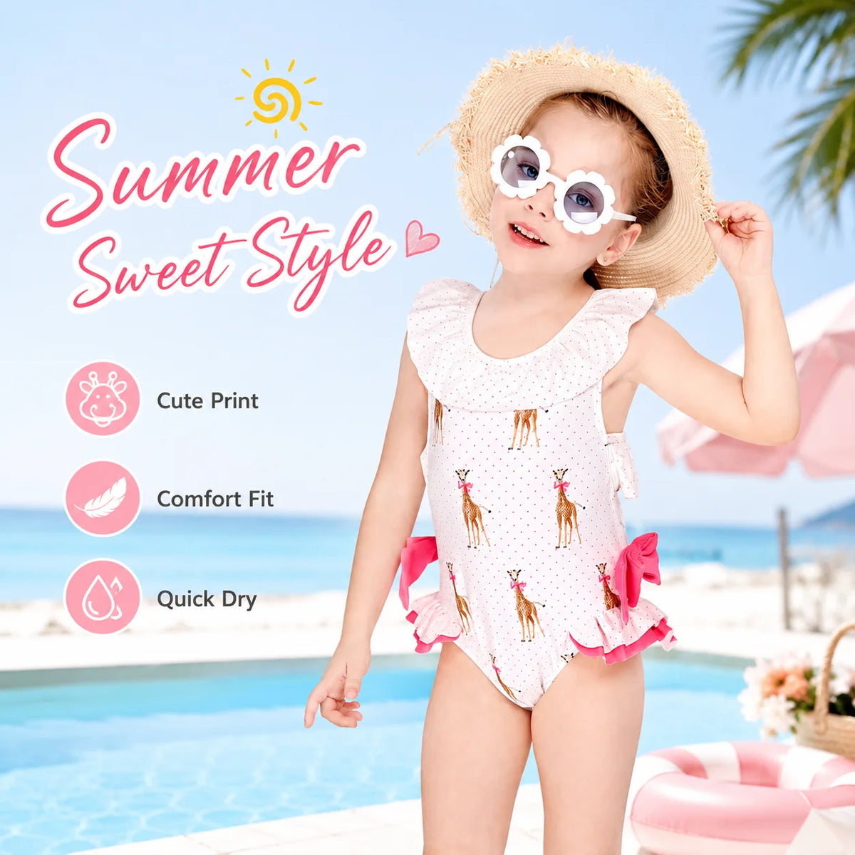 Girls One-Piece Rash Guard Swimsuit – Coral Reef