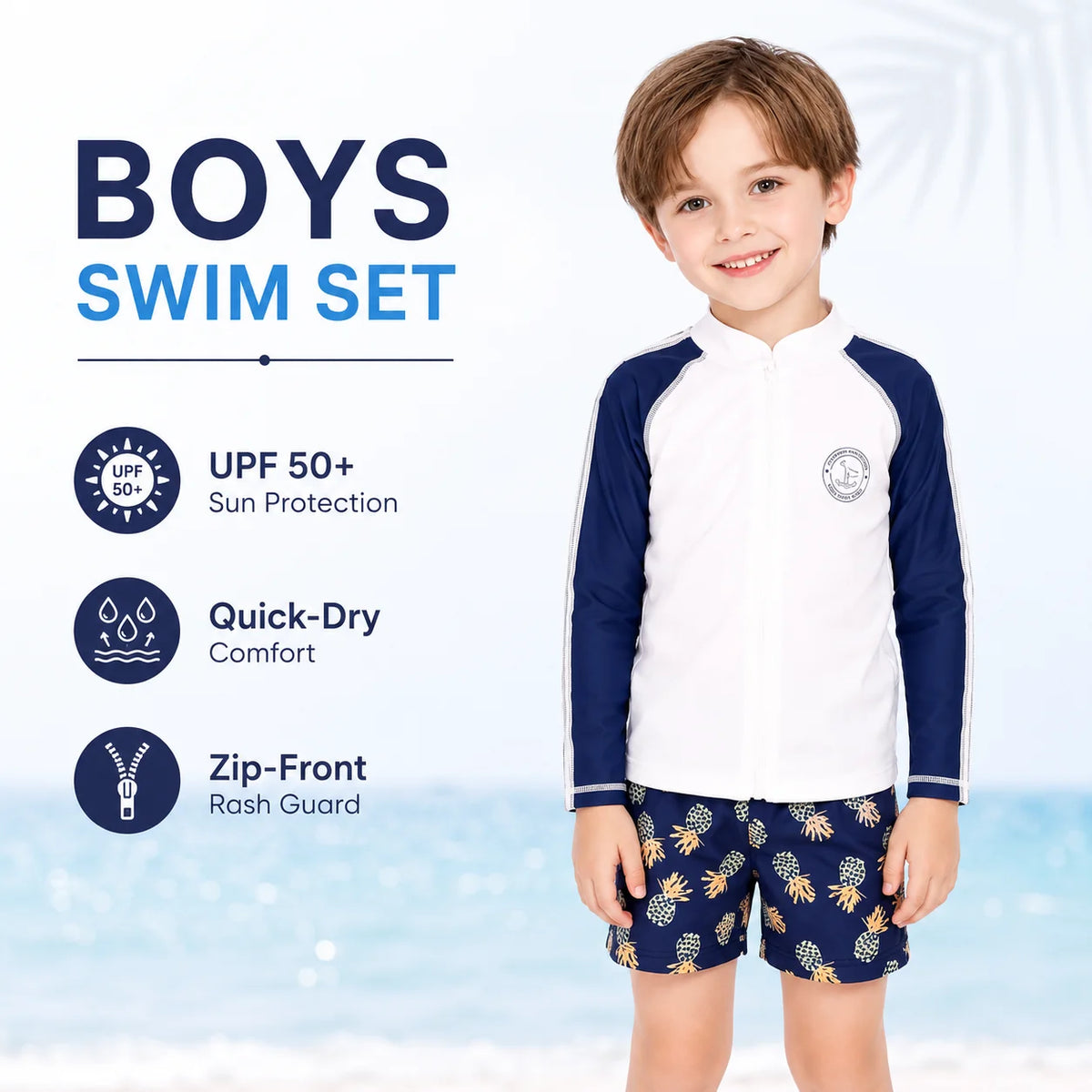 Boys Long Sleeve Rash Guard Set – Deep Sea Blue view 2