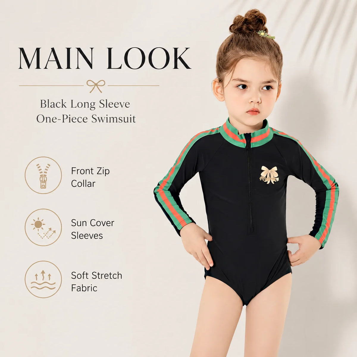 Girls One-Piece Rash Guard Swimsuit – Jungle Leaf view 2