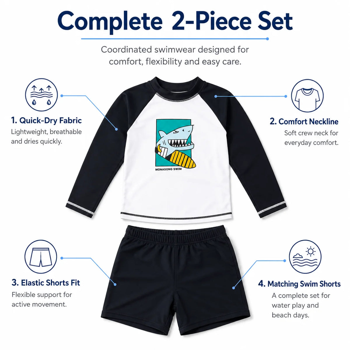 Boys Shark Print Rash Guard Set – Coral Reef view 4