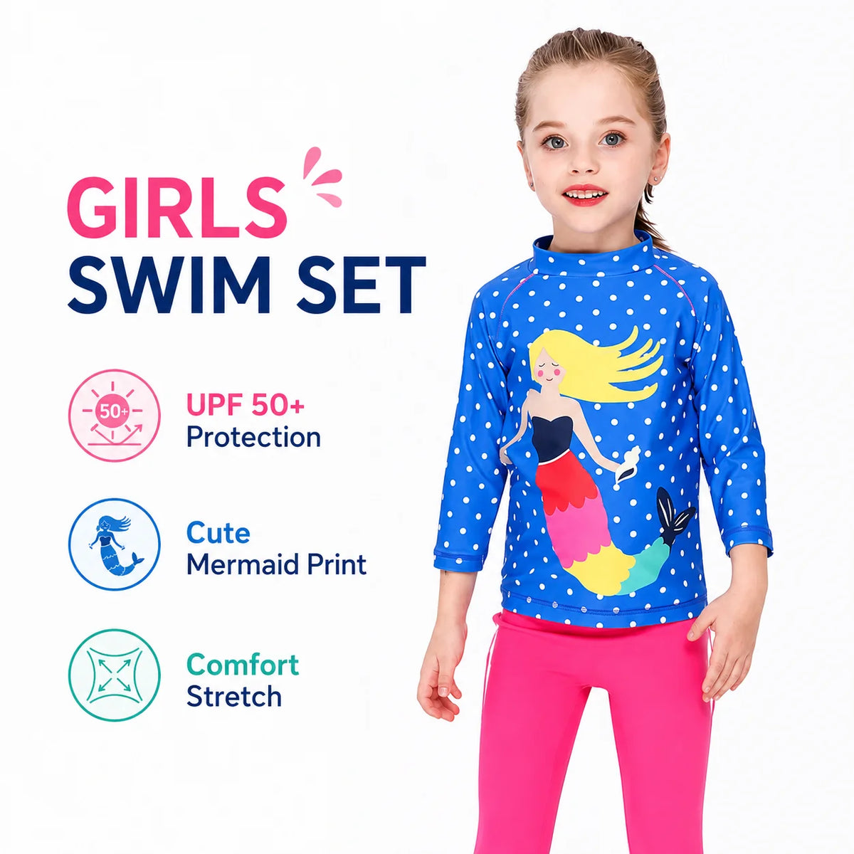 Girls One-Piece Rash Guard Swimsuit – Ocean Waves view 2