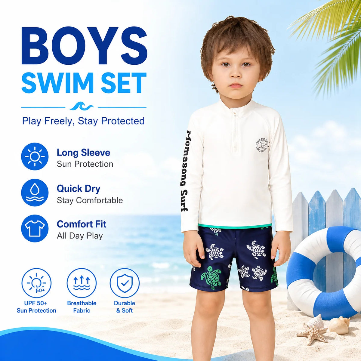Boys One-Piece Rash Guard Swimsuit – Sunny Waves view 2
