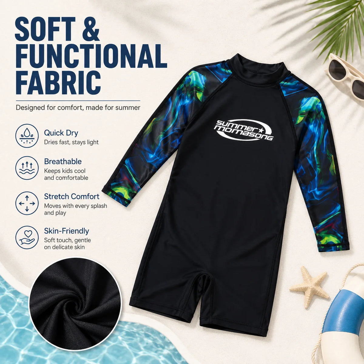 Boys Zip-Up Rash Guard Shorts Set – Sea Shell view 3
