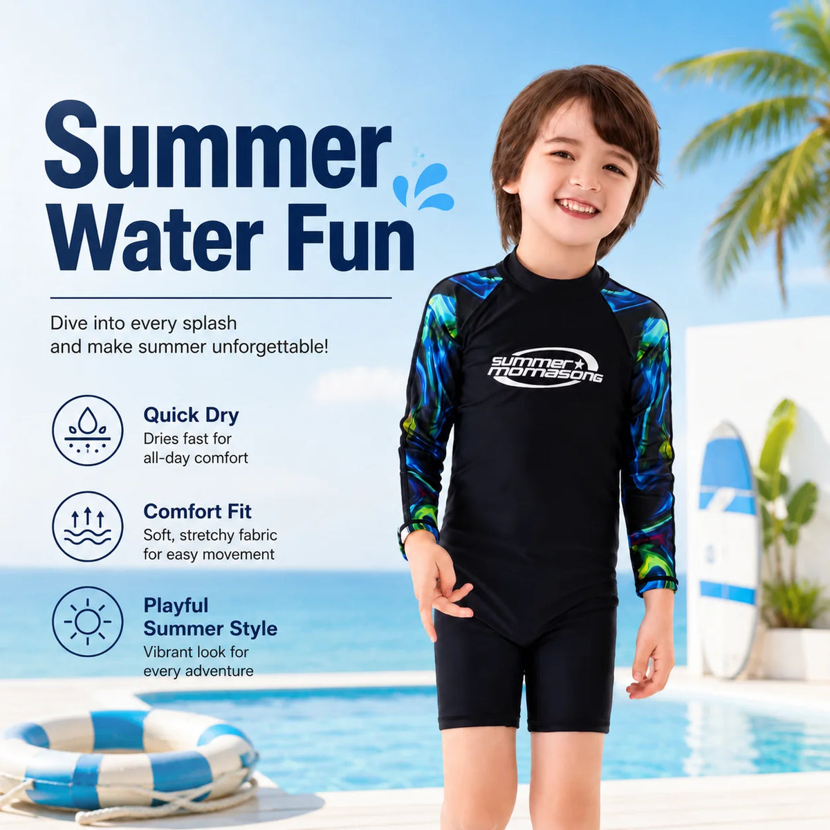 Boys Zip-Up Rash Guard Shorts Set – Sea Shell view 4