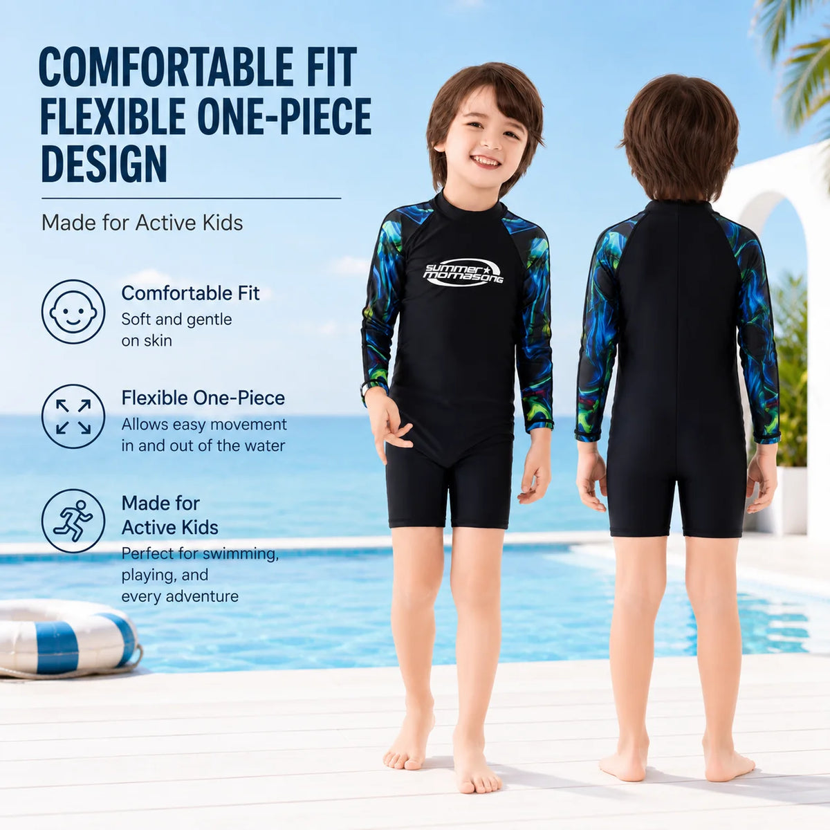 Boys Zip-Up Rash Guard Shorts Set – Sea Shell view 5
