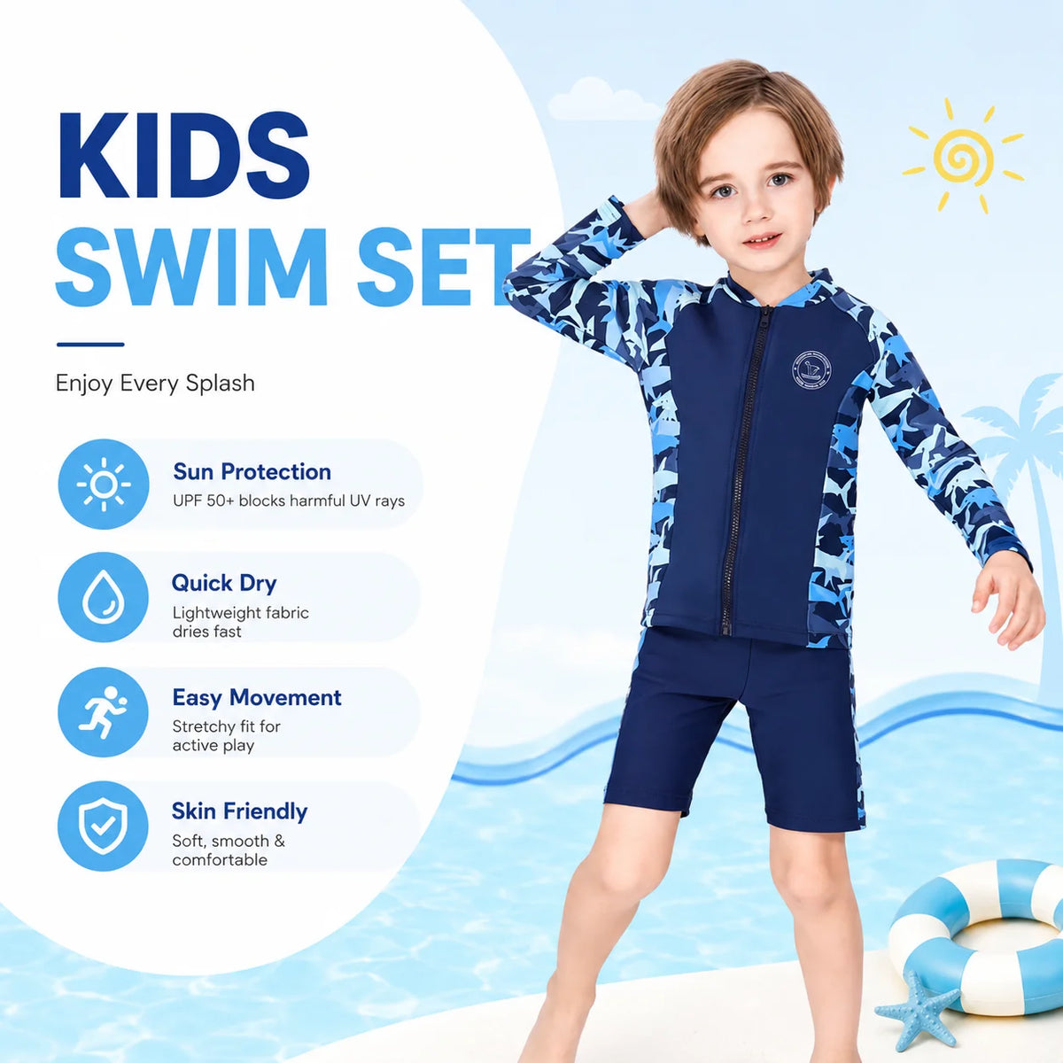 Boys Zip-Up Rash Guard Shorts Set – Coral Garden view 2