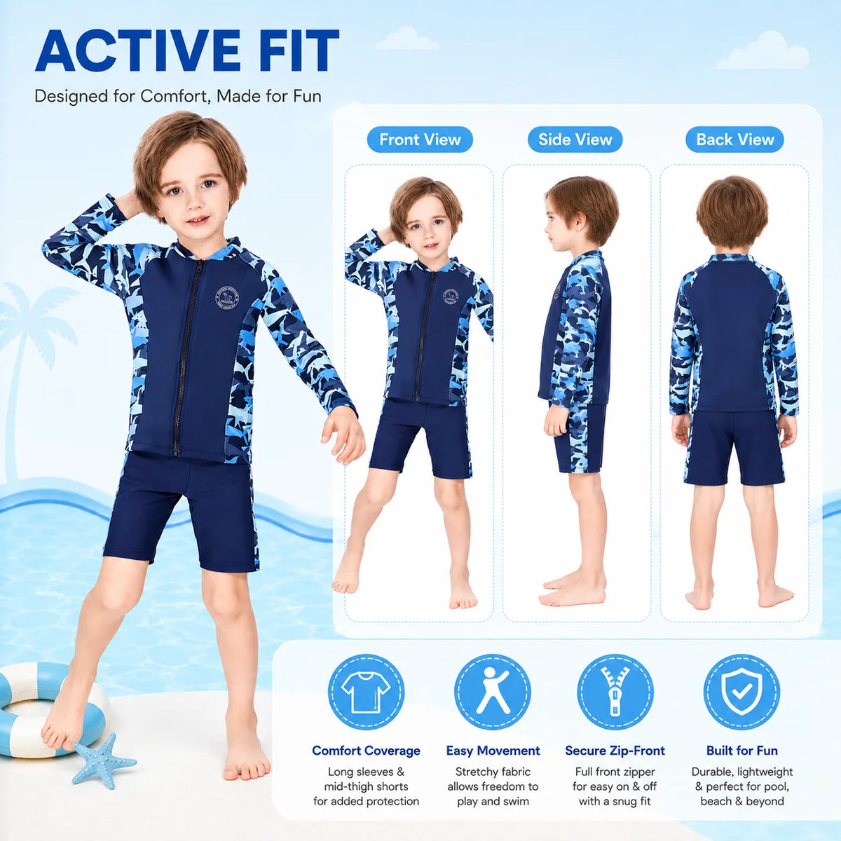 Boys Zip-Up Rash Guard Shorts Set – Coral Garden view 5