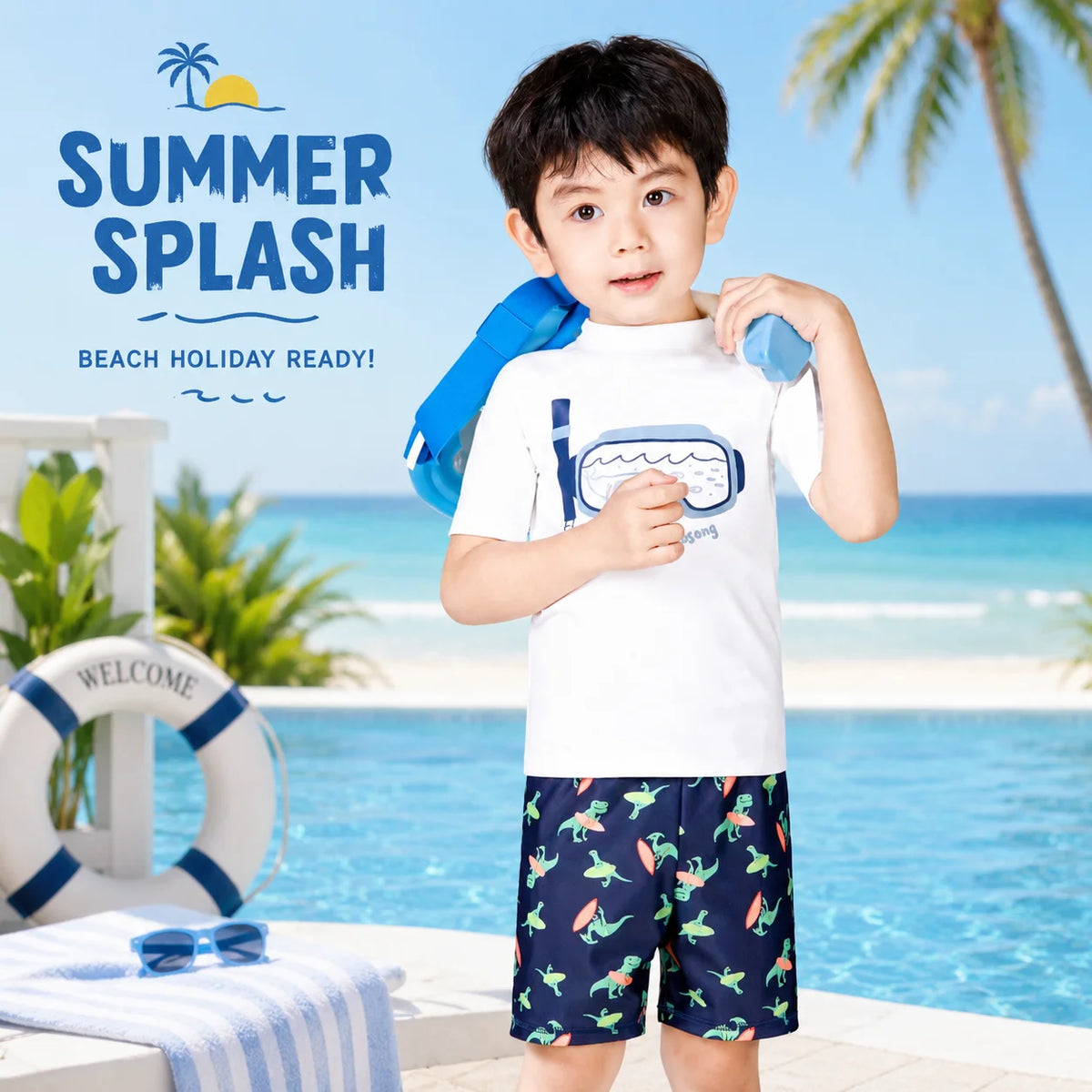 Boys Zip-Up Rash Guard Shorts Set – Marine Life