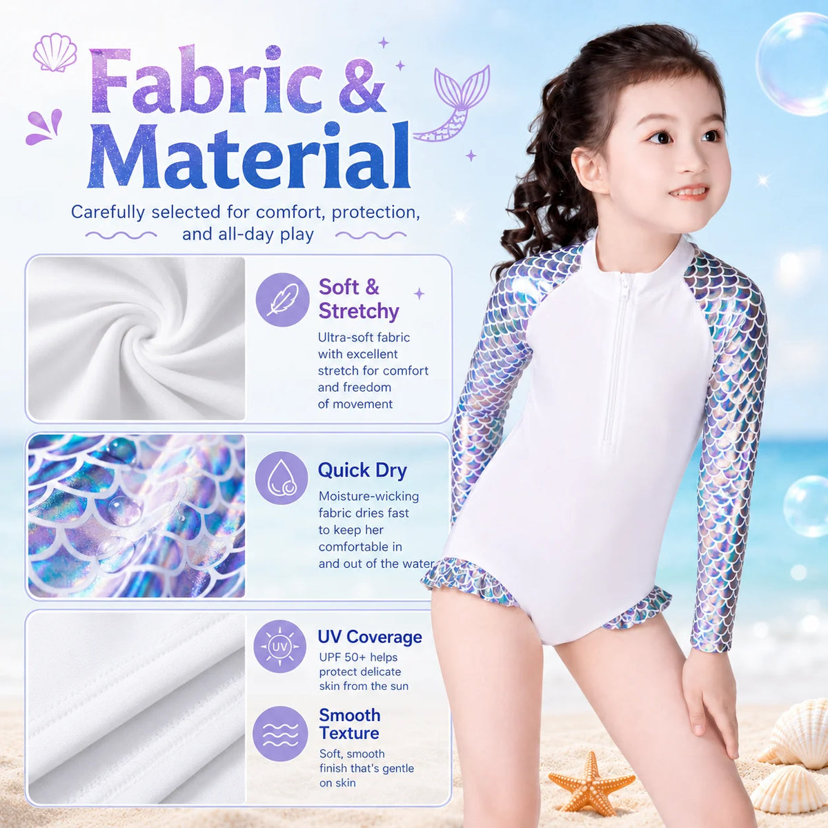 Girls Long Sleeve Rash Guard Set – Sea Shell view 2