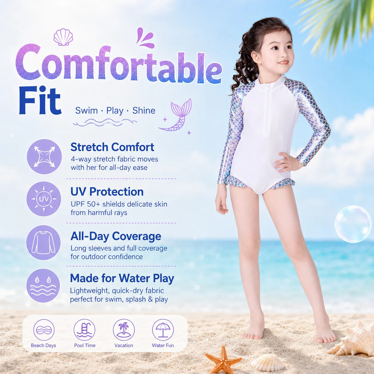 Girls Long Sleeve Rash Guard Set – Sea Shell view 3