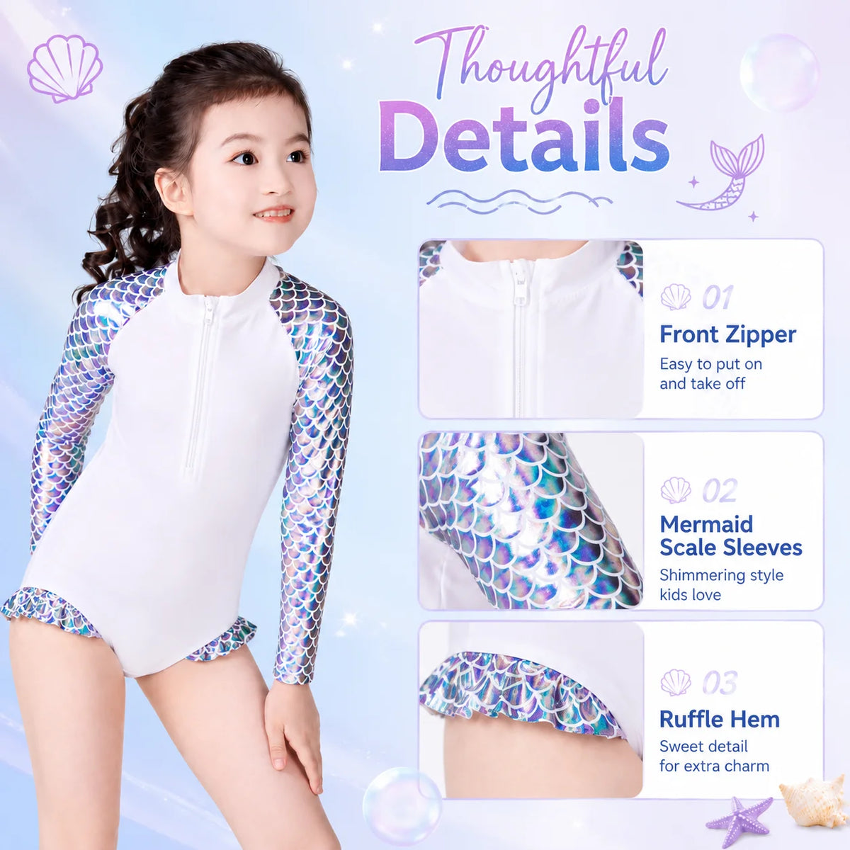 Girls Long Sleeve Rash Guard Set – Sea Shell view 4