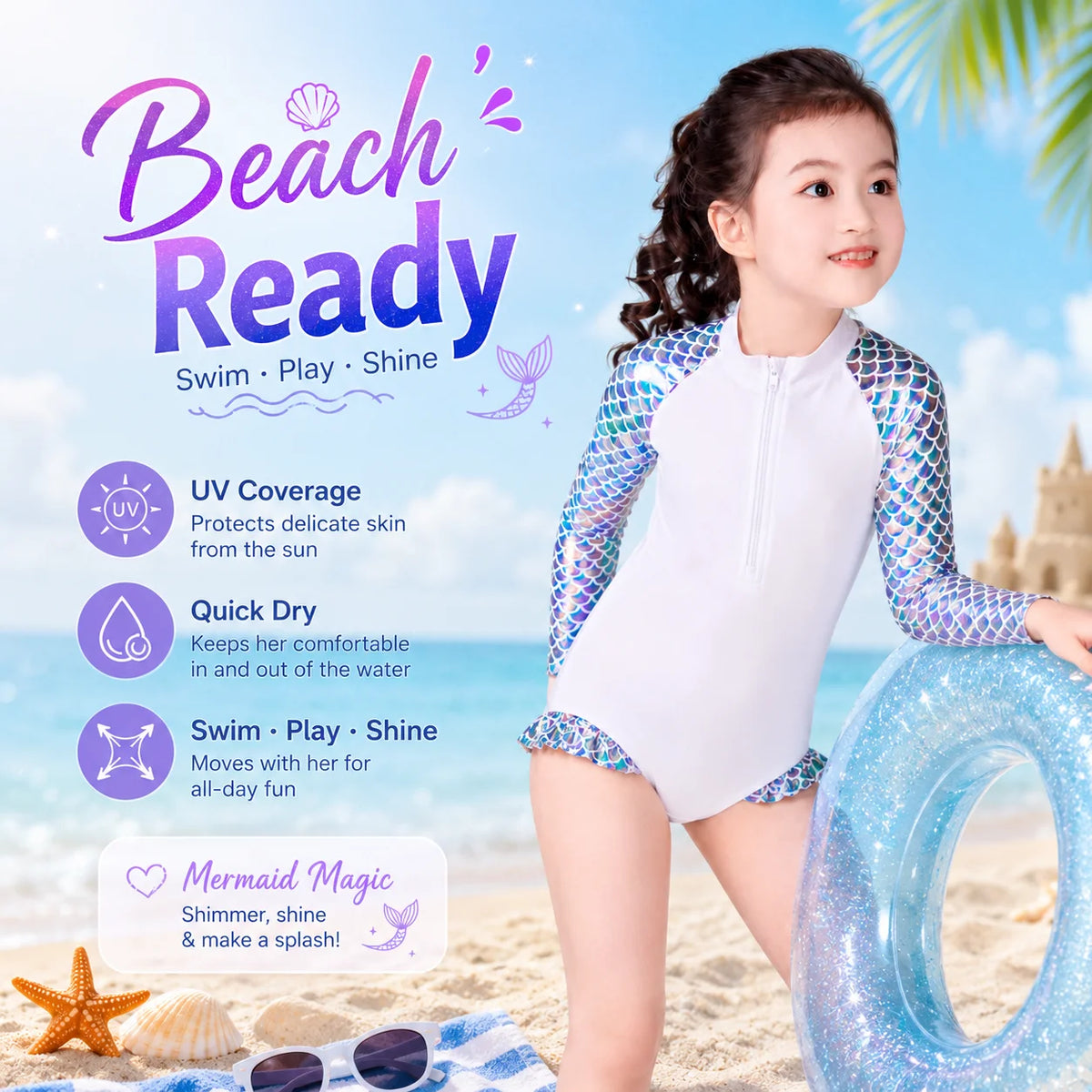 Girls Long Sleeve Rash Guard Set – Sea Shell view 5