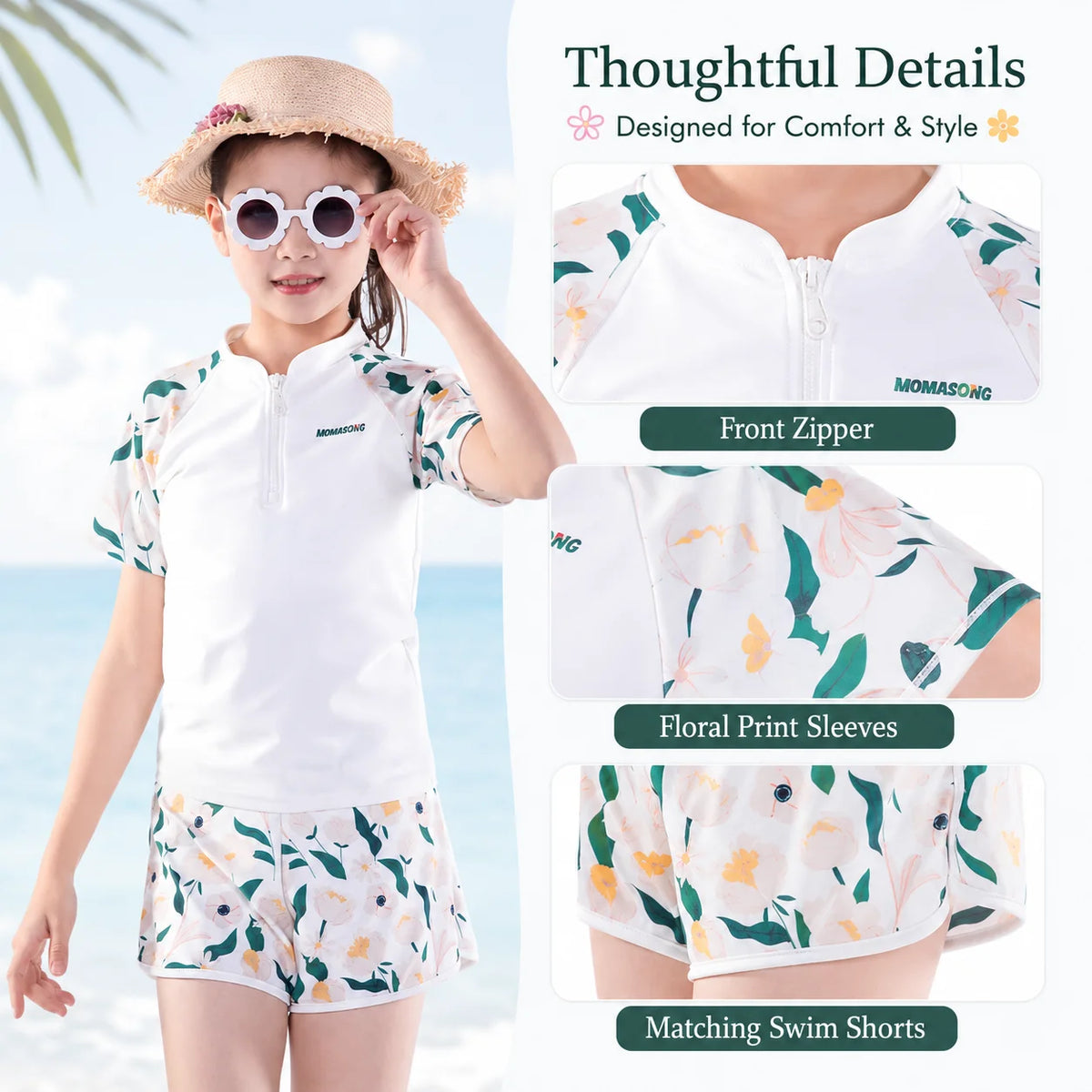 Girls Shark Print Rash Guard Set – Tropical Bloom view 3