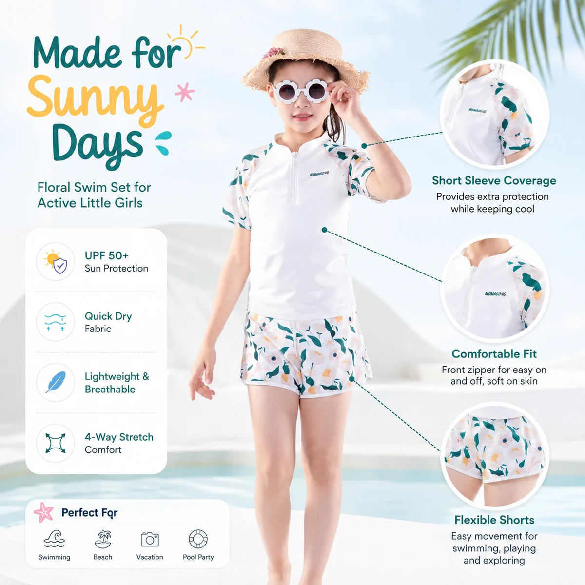 Girls Shark Print Rash Guard Set – Tropical Bloom view 5