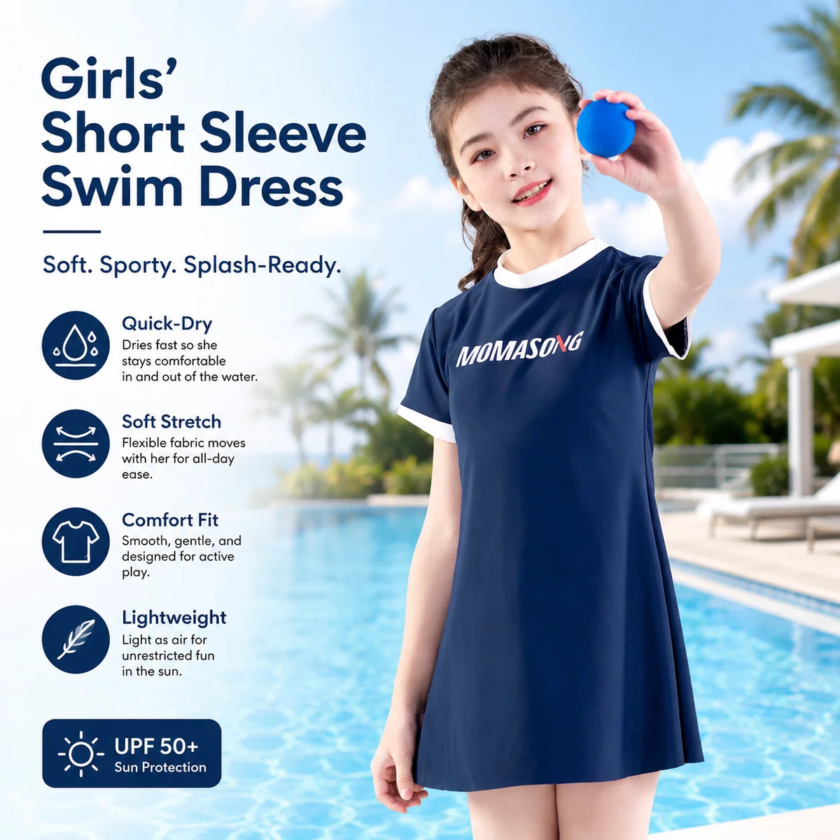 Girls Long Sleeve Rash Guard Set – Deep Sea Blue view 2