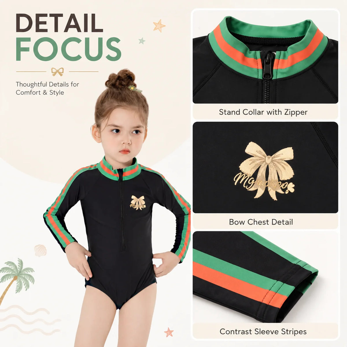 Girls One-Piece Rash Guard Swimsuit – Jungle Leaf view 3