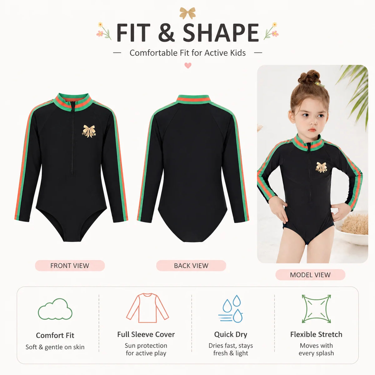 Girls One-Piece Rash Guard Swimsuit – Jungle Leaf view 5