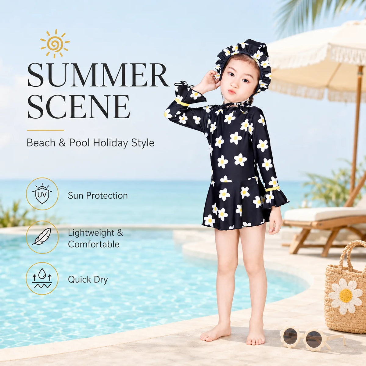 Girls Long Sleeve Rash Guard Set – Tropical Bloom