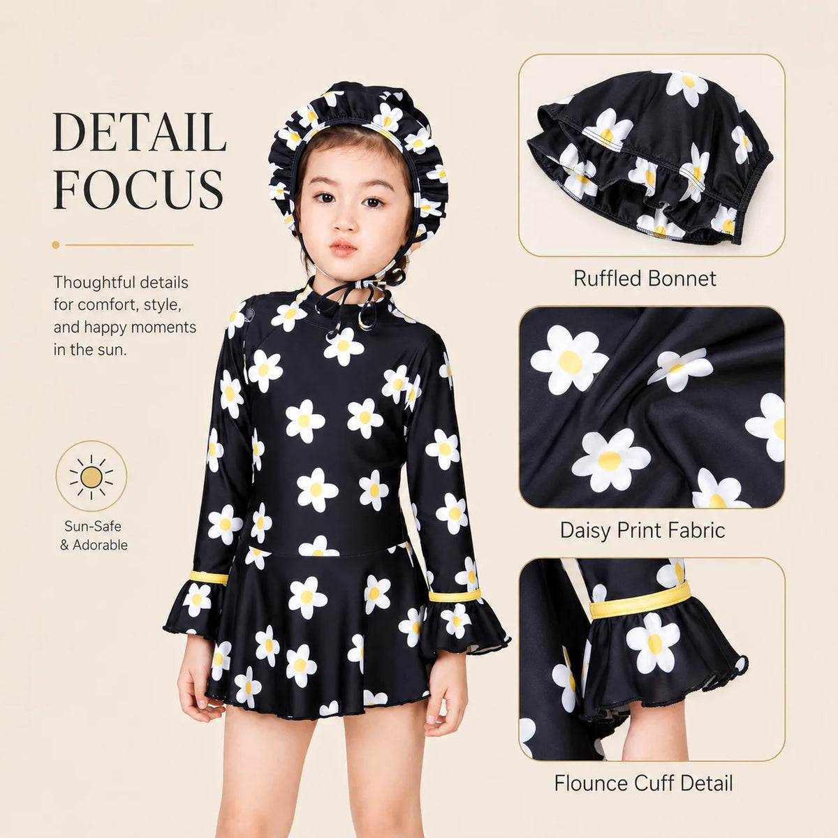 Girls Long Sleeve Rash Guard Set – Tropical Bloom view 3