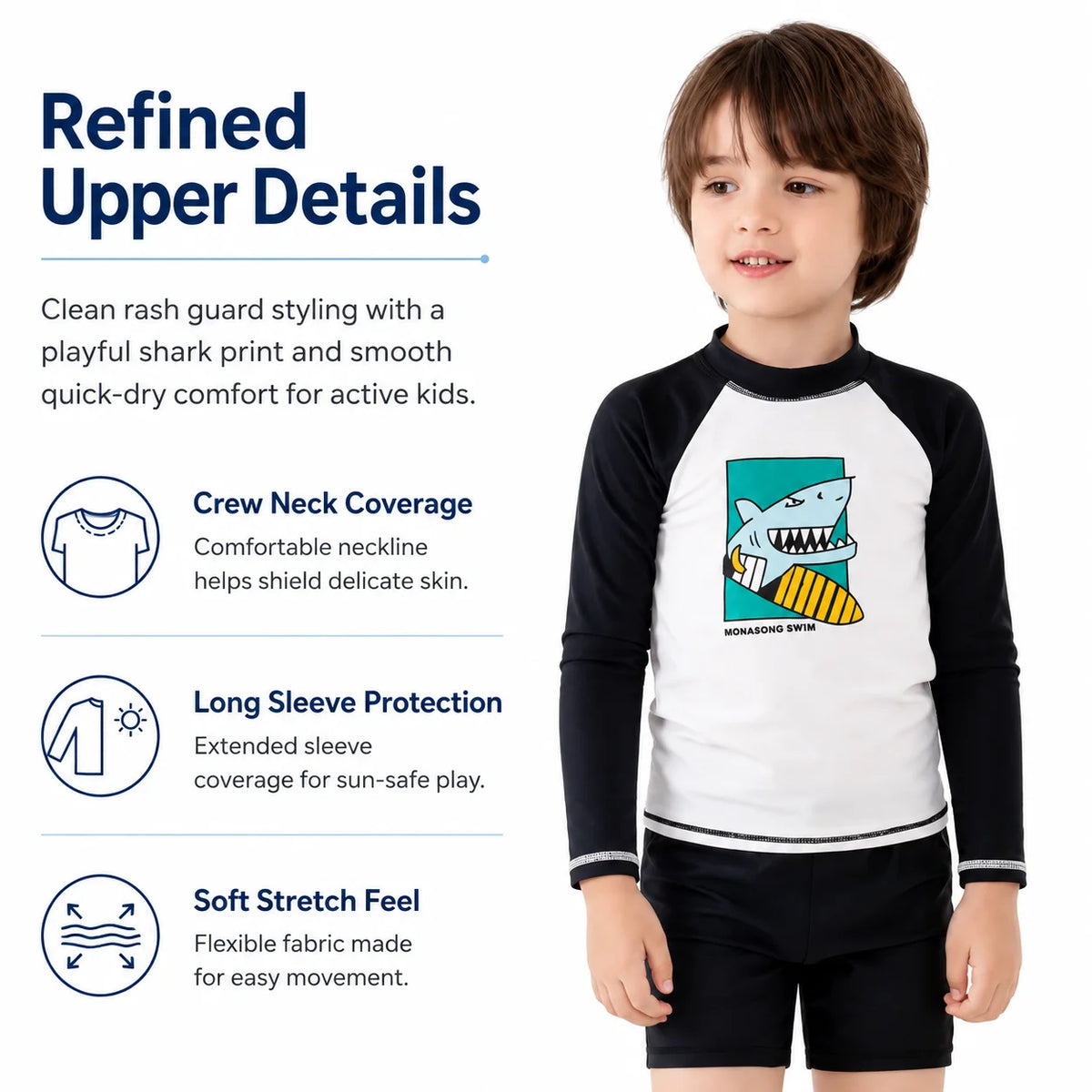 Boys Shark Print Rash Guard Set – Coral Reef view 2
