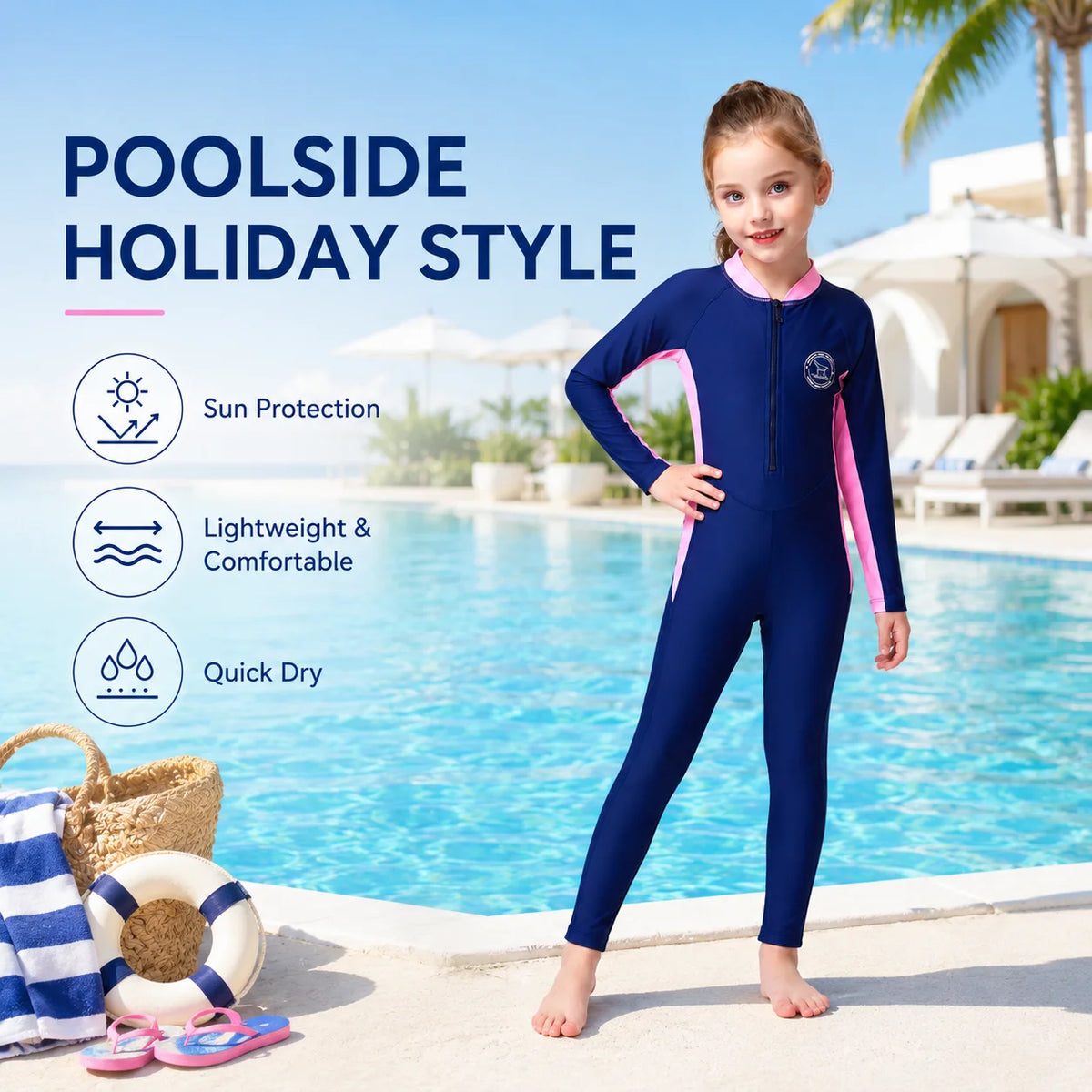 Girls Premium One-Piece Swimsuit – Deep Sea Blue