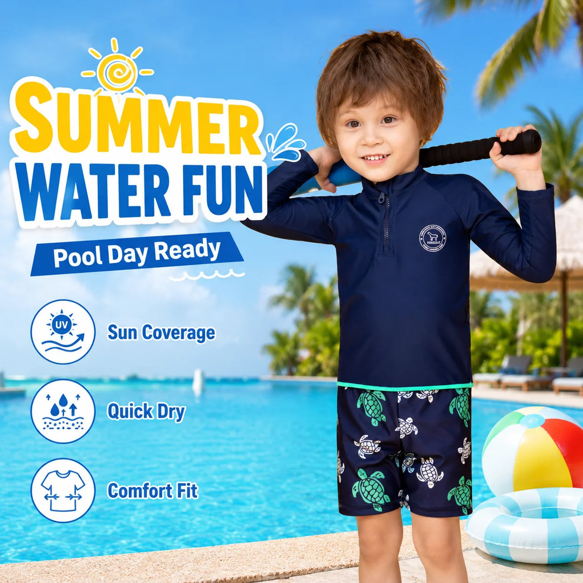 Boys Zip-Up Rash Guard Shorts Set – Coral Reef view 4