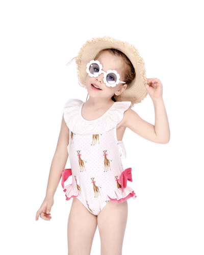 Momasong Girls’ One-piece Swimsuits Summer Giraffe Patterned with Bow and Butterfly Skirt Details – Charming Princess Style for Kids