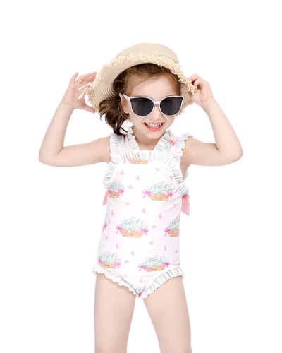 Momasong Girls’ One-piece Swimsuits Summer White Flower Basket Pattern – Adorable Princess Fashion for Kids