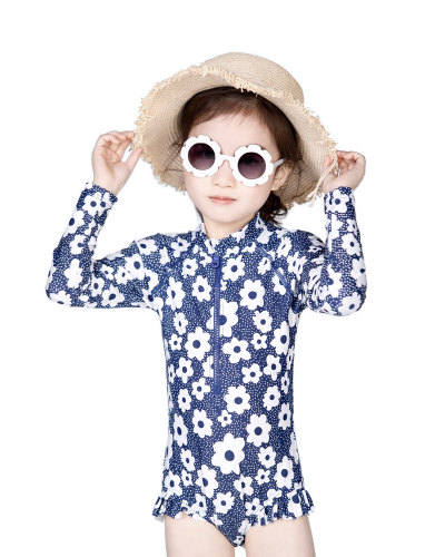 Momasong Girls’ One-piece Long Sleeve Sunscreen Swimsuit in Summer Blue with White Small Flowers Pattern – Charming Princess Fashion for Kids