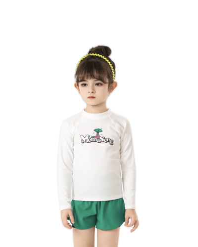 Momasong Girls’ Long Sleeve Swimsuit Set Solid Color with Logo-Simple and Fashionable Design For Kids