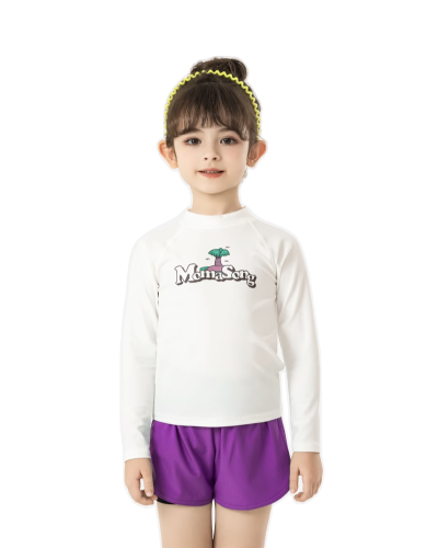 Momasong Girls’ Long Sleeve Swimsuit Set Solid Color with Logo-Simple and Fashionable Design For Kids